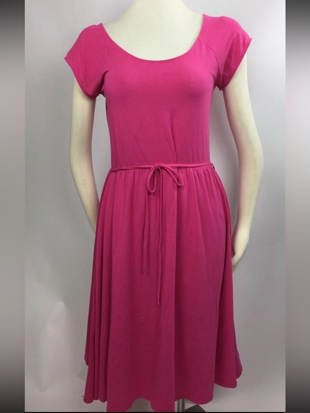 Garnet Hill Tie Waist Midi Dress Short Sleeve Stretch Jersey Pink Size 18